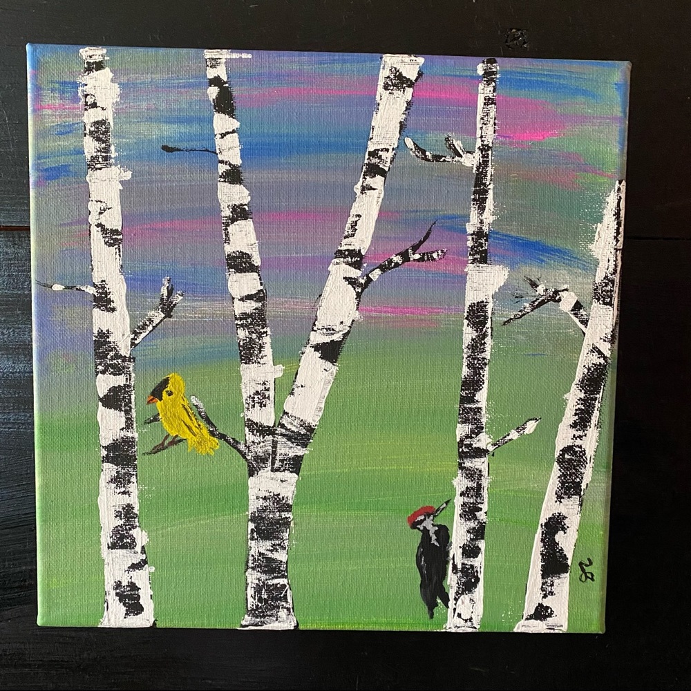 Birch Trees and Friends Original painting 10x10 handmade on canvas